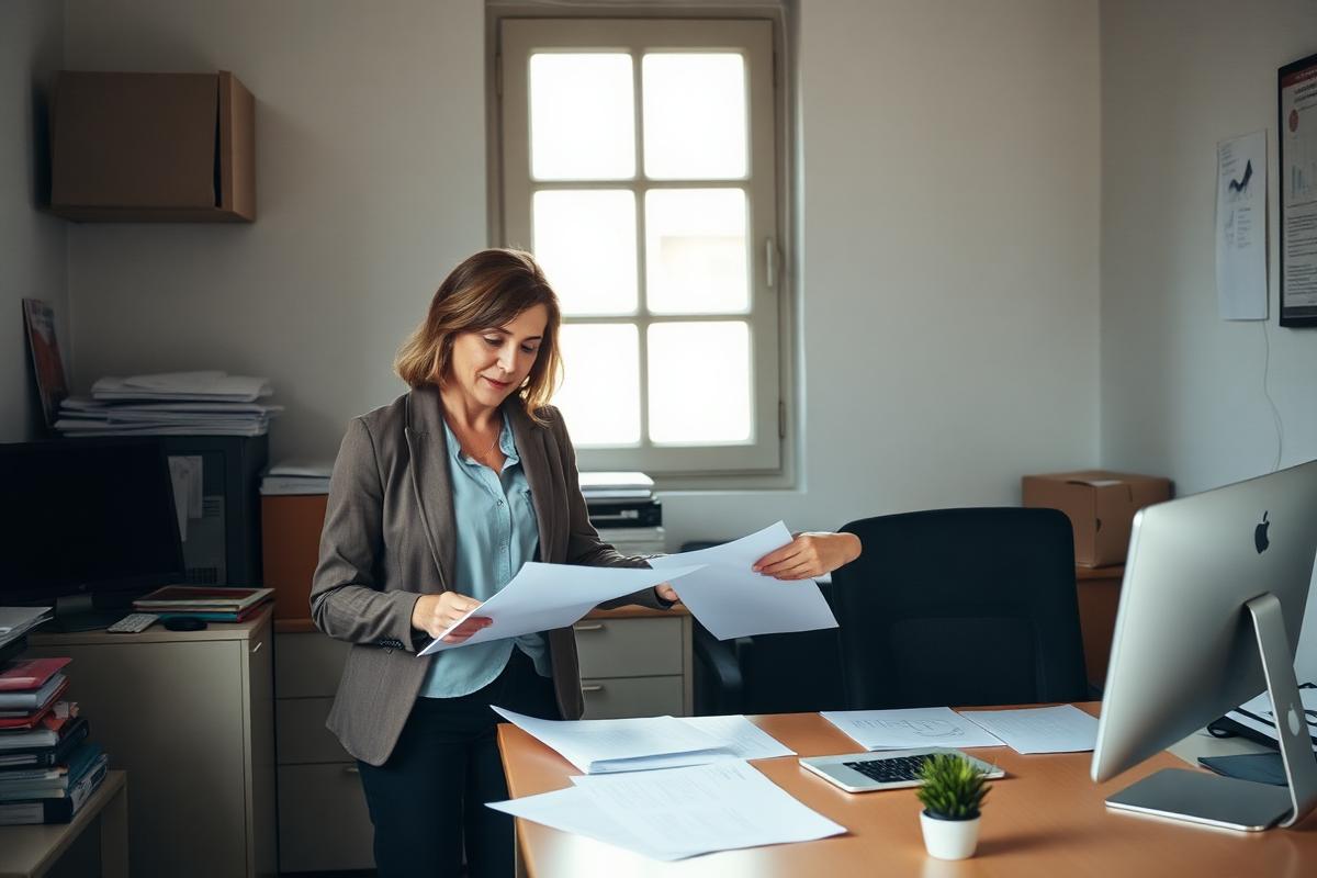 Dirigeante de PME française en réunion de travail avec deux collaborateurs dans un bureau